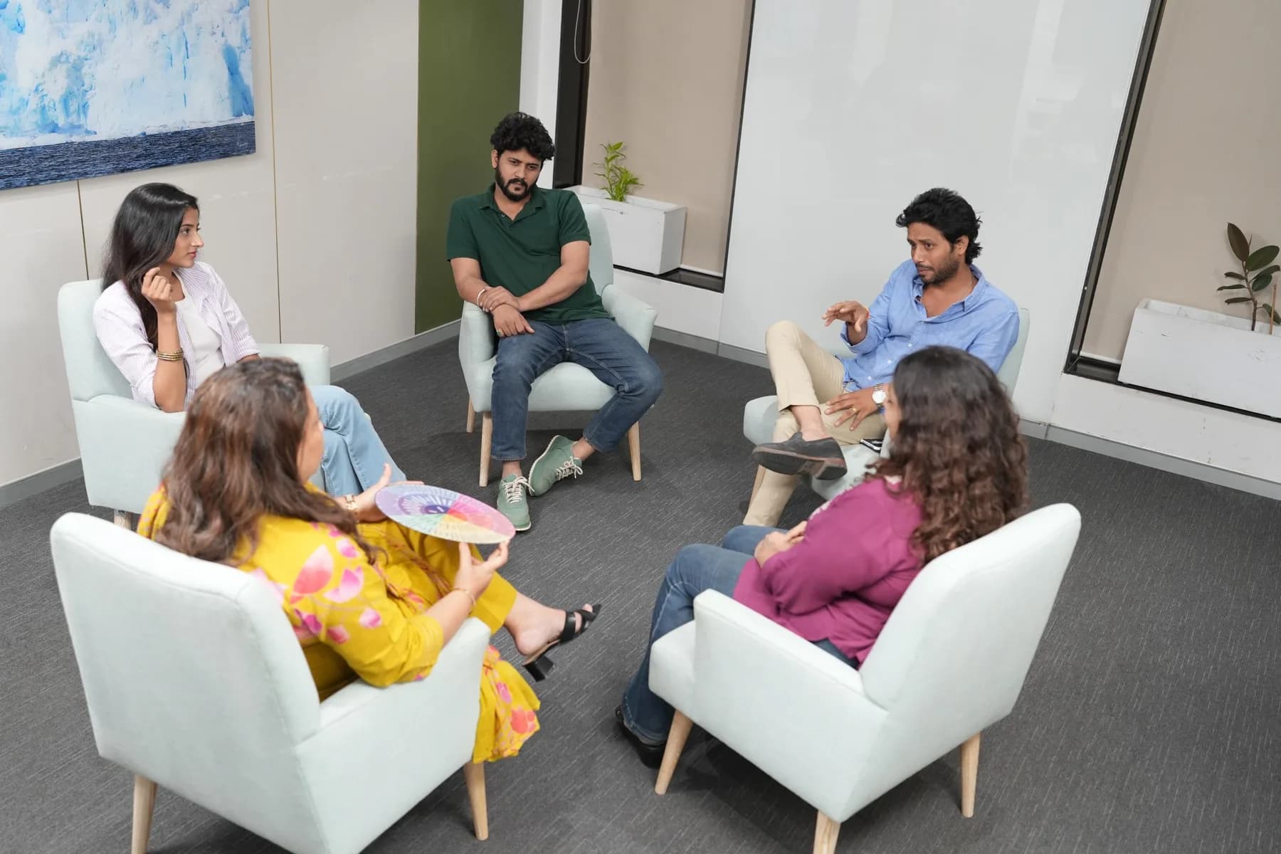 A wide view of the group room during a session